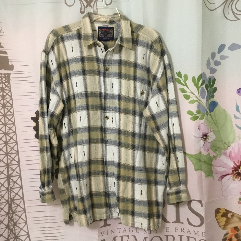 Vintage Pioneer Pace Heavy Cotton Button Down Flannel Shirt White Brown Size XL